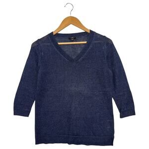 Talbots Sweater Womens Small Petite Blue Linen V Neck 3/4 Sleeve Knit Classic